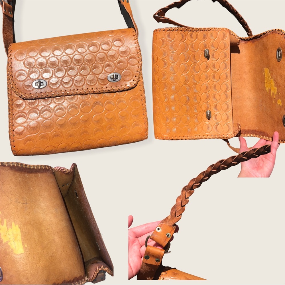 vintage 70s tooled leather crossbody / shoulder bag  with braided strap. ☆ - Picture 5 of 5